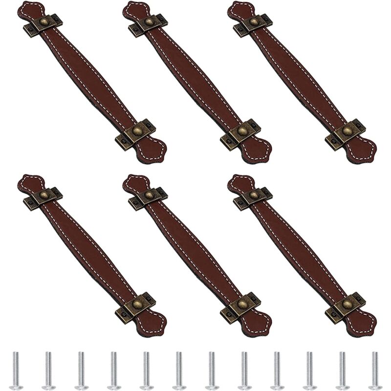foto del prodotto 6 pezzi pomelli per mobili in pelle, retr maniglie della porta distanza fori 96 mm, marrone maniglia con viti per armadi cucina camera da letto