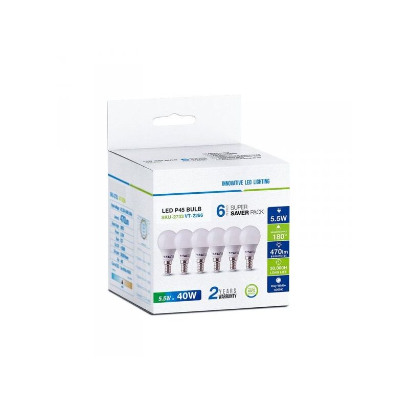 foto del prodotto 6 pz lampada a led e14 p45 5,5w bianco neutro 4000k forma bulbo 180 gradi 220v sku 2734