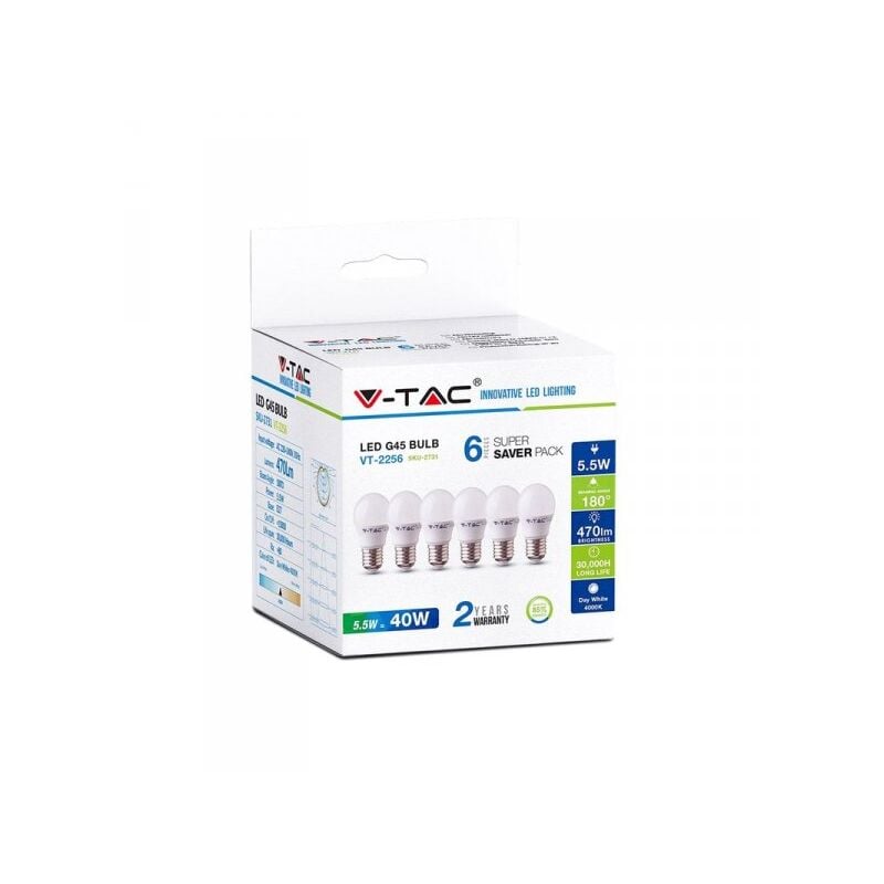 foto del prodotto 6 pz lampada a led e27 g45 5,5w freddo 6400k forma sfera bulbo palla 180 gradi 220v sku 2732