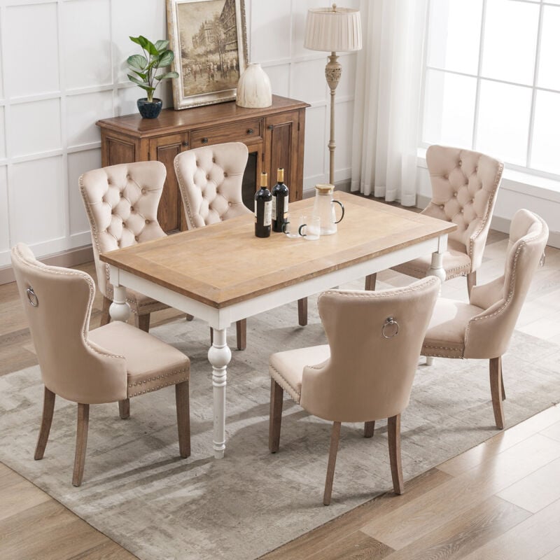 foto del prodotto 6 sedie da pranzo, sedie da soggiorno e cucina con schienale singolo, sedia imbottita con finiture a chiodi, gambe in legno massello, rivestimento in