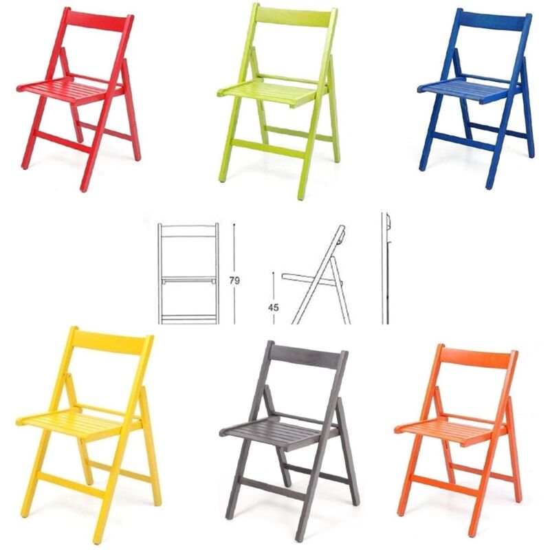 foto del prodotto 6 sedie pieghevoli in legno colorate listellare rosso,verde,grigio,giallo,blu,arancione