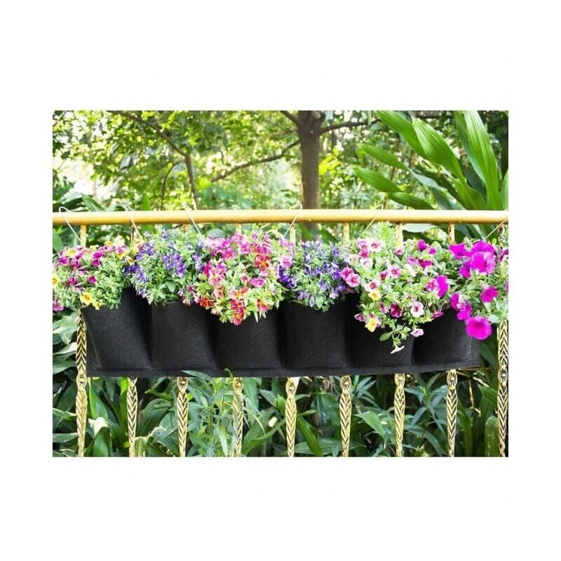 foto del prodotto 6 tasche nero borsa per piantagione verticale, borsa per piante da giardino, fioriera sospesa a parete, balcone, vaso sospeso, interno ed esterno