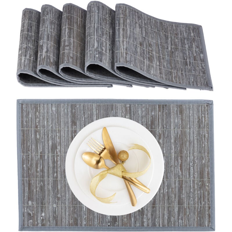 foto del prodotto 6 tovagliette all americana da tavolo in bamb , base antiscivolo 30x45 cm, facile da pulire, grigio relaxdays