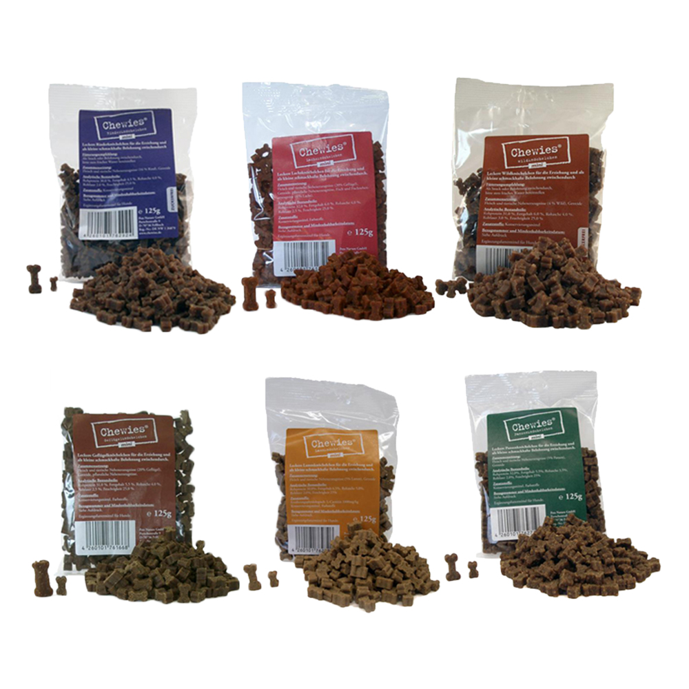 foto del prodotto 6 x 125 g mini ossi chewies pollo, salmone, agnello, trippa, manzo selvaggina