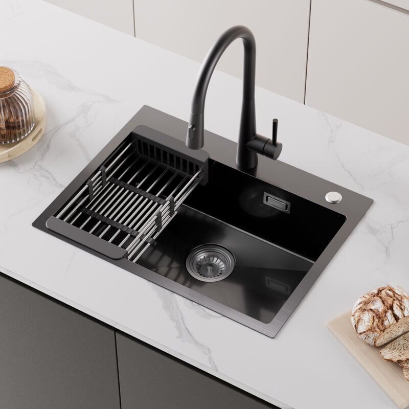 foto del prodotto 60 45 18 cm lavello da cucina nero lavello a 1 vasca con cestello di scarico lavello cucina in acciaio inox 201 di grande capacit cecipa