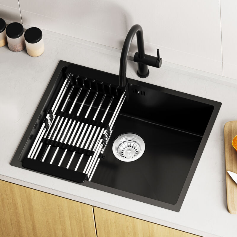 foto del prodotto 60 x 44 cm lavello in acciaio inox, lavello per basi da 65 cm, lavello in acciaio inox, con scolapiatti, antracite