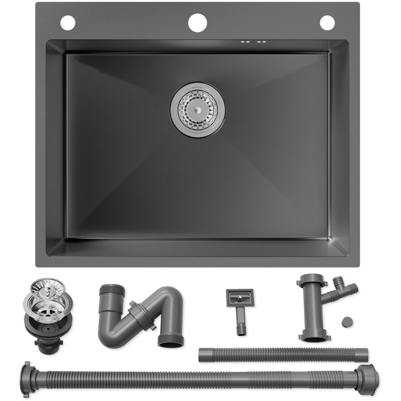foto del prodotto 60 x 49 cm lavello rettangolare, lavello da cucina in acciaio inox lavello da incasso con sifone tubo di scarico, foro di troppopieno, antracite