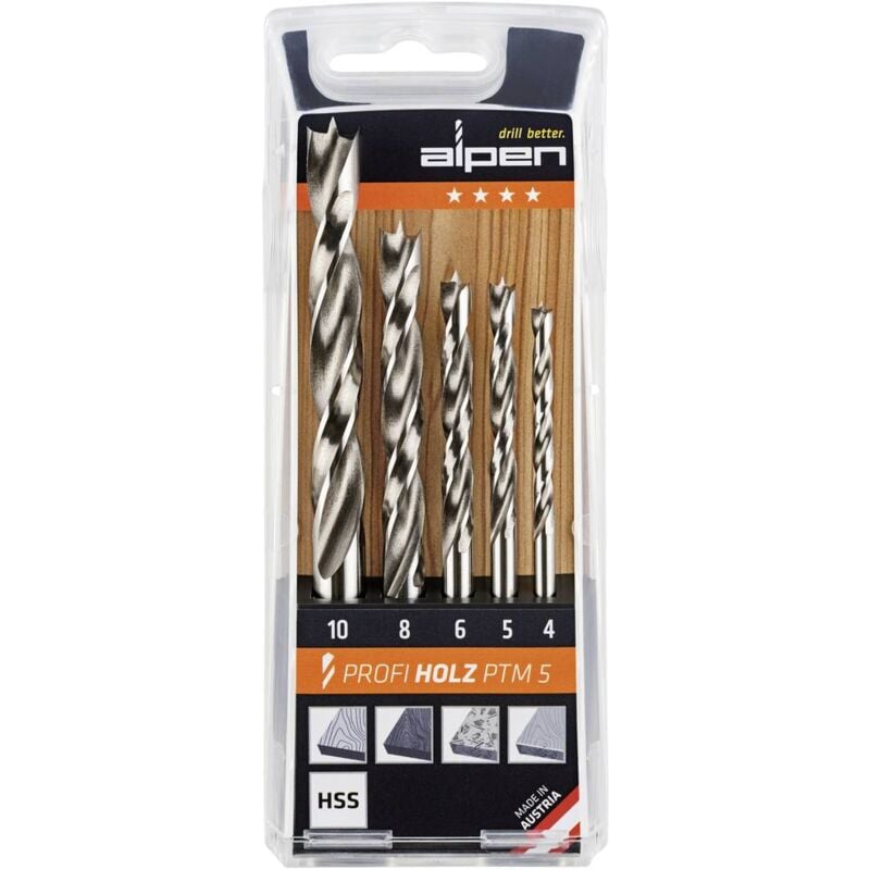 foto del prodotto 600114100 kit punte a spirale da legno 5 parti 4 mm, 5 mm, 6 mm, 8 mm, 10 mm alberino cilindrico 1 kit alpen