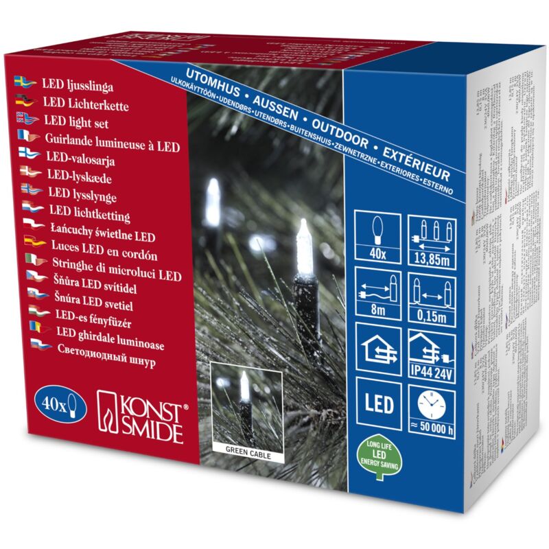 foto del prodotto 6004 200 catena di miniluci led 40 diodi bianco freddi 24v trasformatore da esterno cavo verde konstsmide