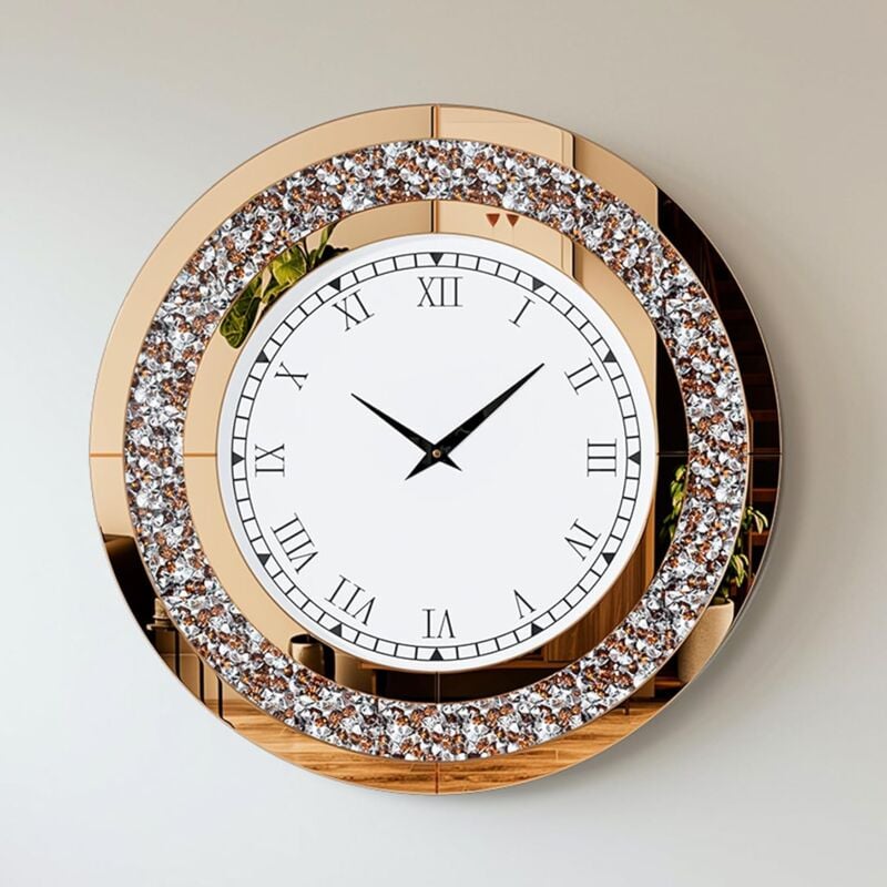 foto del prodotto 60cm orologio a specchio vetro diamante da parete rotondo orologio silenzioso da muro per cucina soggiorno salotto decorazione