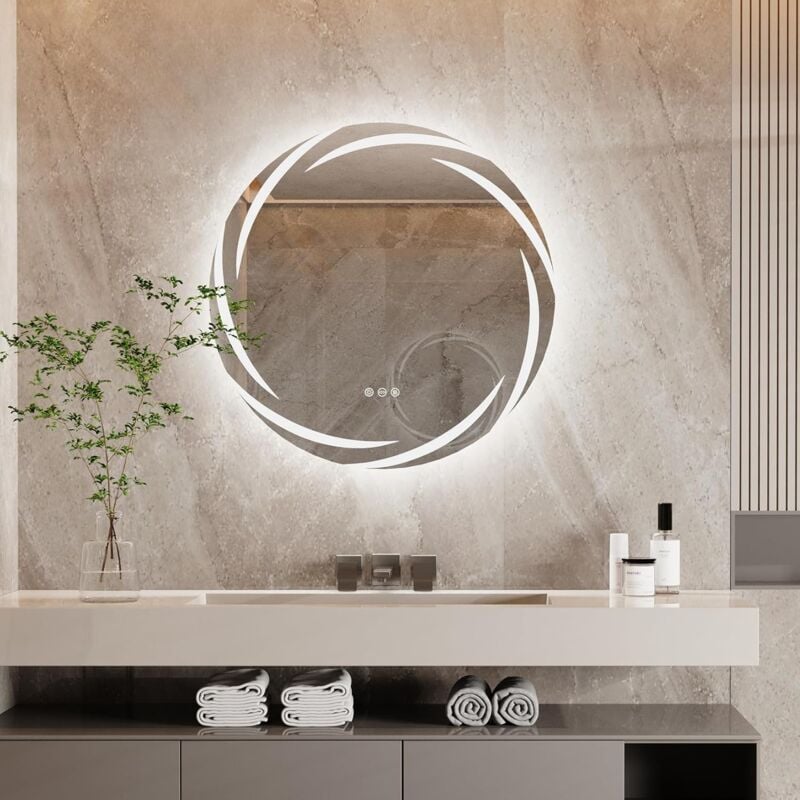 foto del prodotto 60cm specchio bagno led luce retroilluminato rotondo design vortice, dimmerabile luce, antiappannamento, interruttore touch, memoria