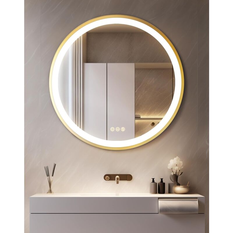 foto del prodotto 60cm specchio bagno led luce rotondo con cornice alluminio dorato, dimmerabile luce, antiappannamento, interruttore touch, memoria