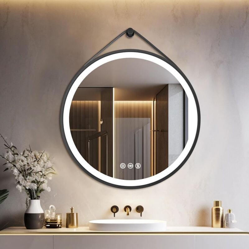 foto del prodotto 60cm specchio bagno led luce rotondo con cornice alluminio nero, cinghia, dimmerabile luce, antiappannamento, interruttore touch, memoria