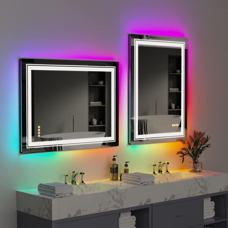 foto del prodotto 60x80cm specchio bagno led rgb luce specchio bagno retroilluminato e frontale specchio bagno rettangolare touch specchio deluxe moderno da parete