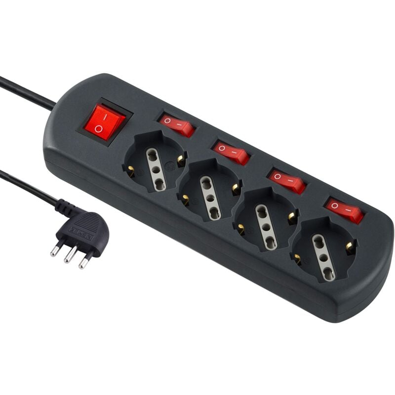 foto del prodotto 61912 multipresa 4 posti polivalenti schuko, 4 interruttori indipendenti, 4 prese universali, cavo di 1.5 m, nero electraline