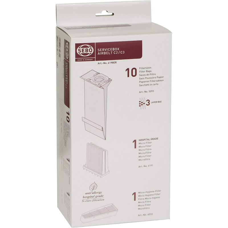 foto del prodotto 6198er box con 10 sacchetti da filtro 3 strati, 1 filtro di grado ospedaliero e 1 micro filtro per la cintura c2 c2.1 c3 c3.1 sebo