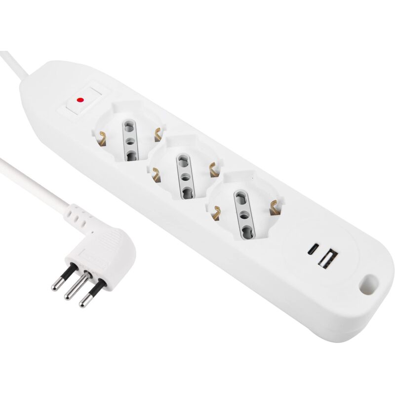 foto del prodotto 61991 multipresa 3 posti p40 polivalenti 2 usb 1 tipo a 1 tipo c 17w con interruttore con protezione da sovracorrente, spina piccola italiana