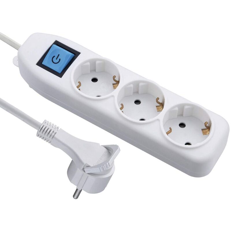 foto del prodotto 62442 ciabatta a 3 prese schuko con interruttore on ff, cavo 3 m, sezione 3g1.5, spina extra piatta, colore bianco, 250 v - electraline