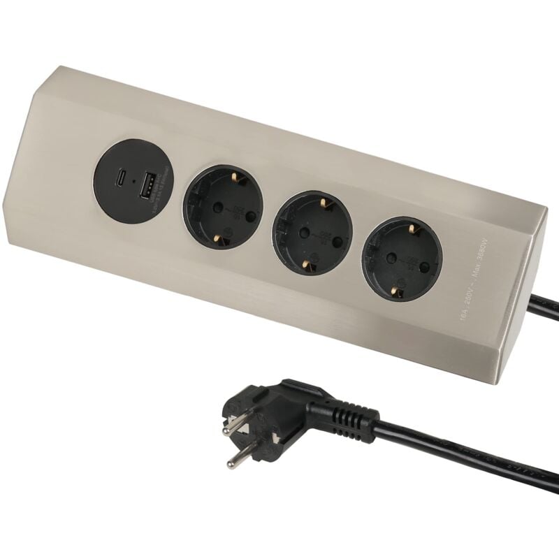 foto del prodotto 62514 multipresa da cucina in acciaio inox, fissabile a muro con 3 prese tedesche schuko 2 usb 1 tipo a e 1 tipo c 3.1a 15.5w, cavo 2m h05vv-f
