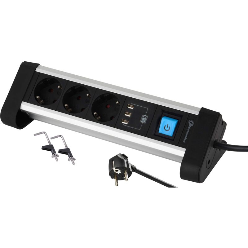 foto del prodotto 62559 base multipla per tavolo da lavoro schuko 3 porte 3.4a, 2m, fissaggio con 2 supporti inclusi, colore metallico, 3 prese 3 usb electraline