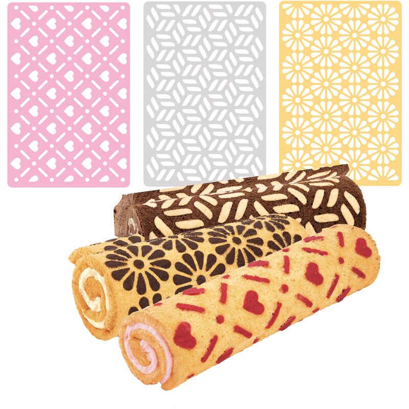 foto del prodotto 630138 stencil decorativi per dolci, 3 pezzi, geometrico, fiori, cuore, misure 24 x 36 cm, linea del cia tescoma