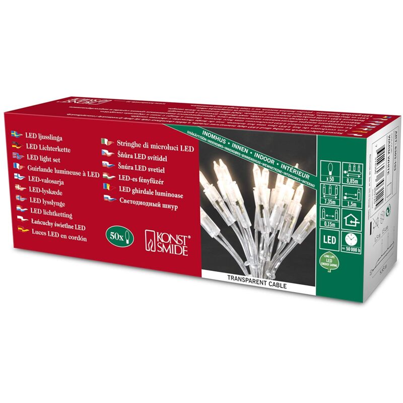 foto del prodotto 6303 103 catena luminosa a led, 50 diodi a luce bianca calda, design retro, 230 v, 3,8 w, per interni, cavo trasparente konstsmide