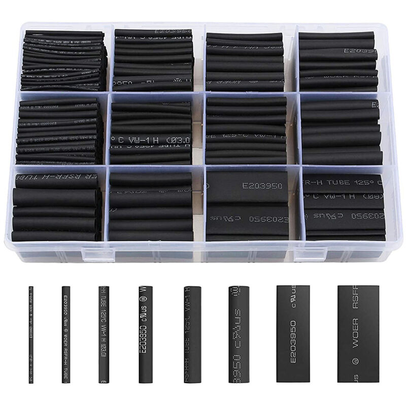 foto del prodotto 650 pezzi tubo termorestringente nero tubo termorestringente isolamento elettrico tubo termorestringente cavo 8 dimensioni rapporto di restringimento