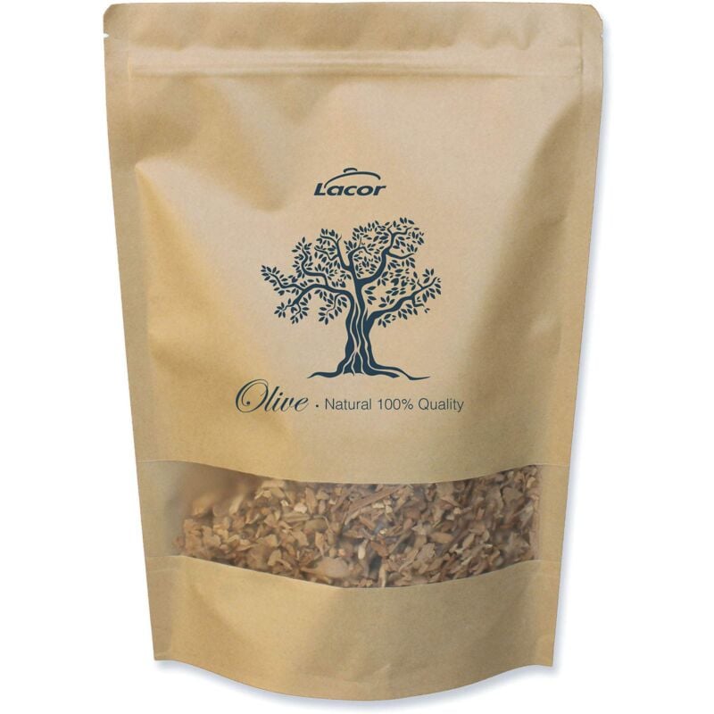 foto del prodotto 69555 affumicatore per alimenti, segatura per affumicare, legno di olivo, 100 naturale, sapore olivo dona un sapore morbido e aromatico, 600 g