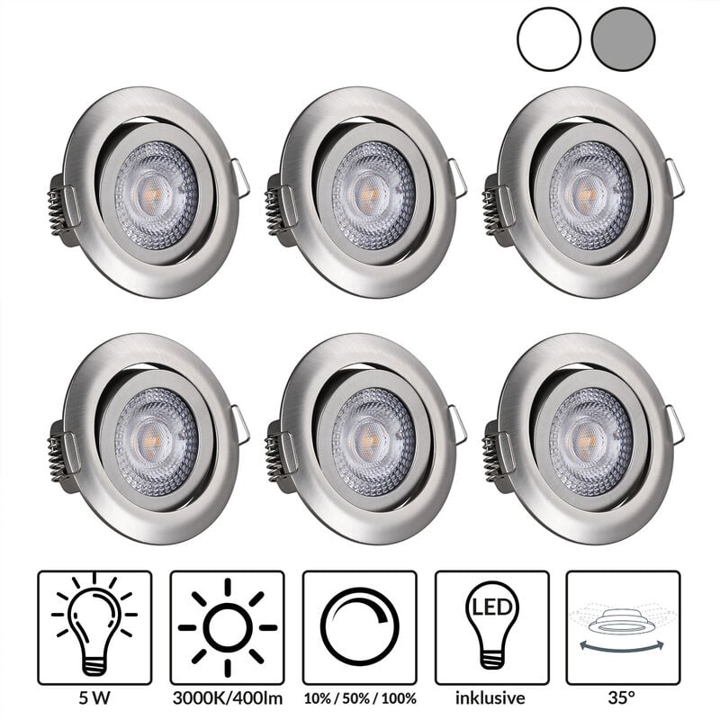 foto del prodotto 6x faretti a led da incasso 68mm luci dimmerabili orientabili 3000k 230v ip20 nickel de monzana