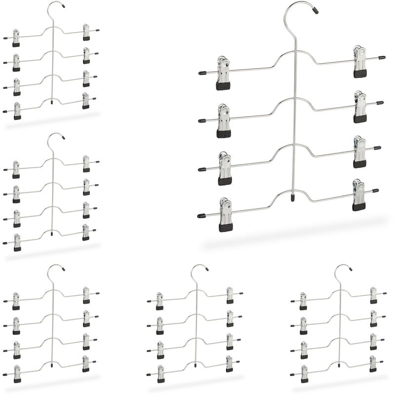 foto del prodotto 6x grucce multiple, stampelle per gonne o pantaloni con 4 supporti ognunga, con pinze, salvaspazio, antiscivolo, argento