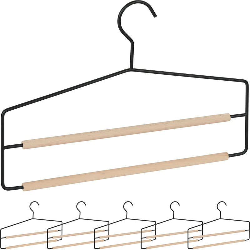 foto del prodotto 6x grucce per pantaloni, salvaspazio e multiple, set stampelle per gonne, antiscivolo, in legno e metallo, nero