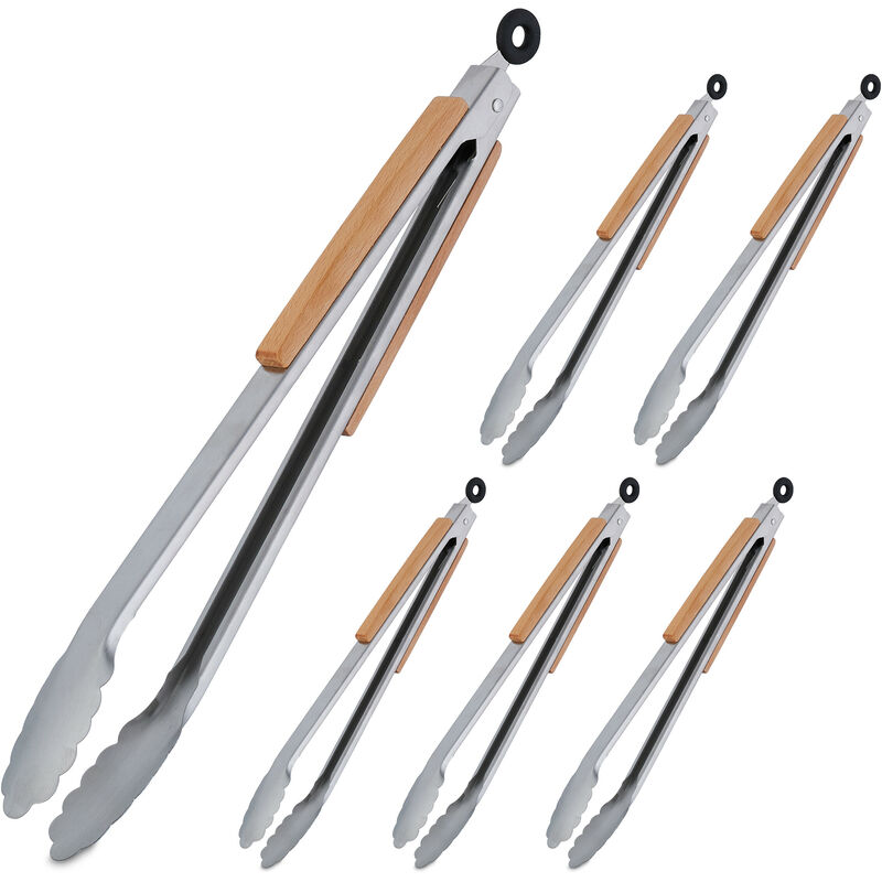 foto del prodotto 6x pinza da barbecue, acciaio inox e manico in legno, accessori griglia e cucina, lunga 38 cm, argentato marrone