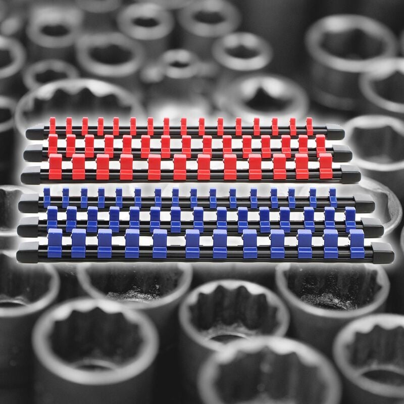 foto del prodotto 6x porta bussole supporti per bussole in abs guide per 86 punte 1 2, 1 4 e 3 8supporto per riporre fino a un totale di 86 bussole6 supporti di forma