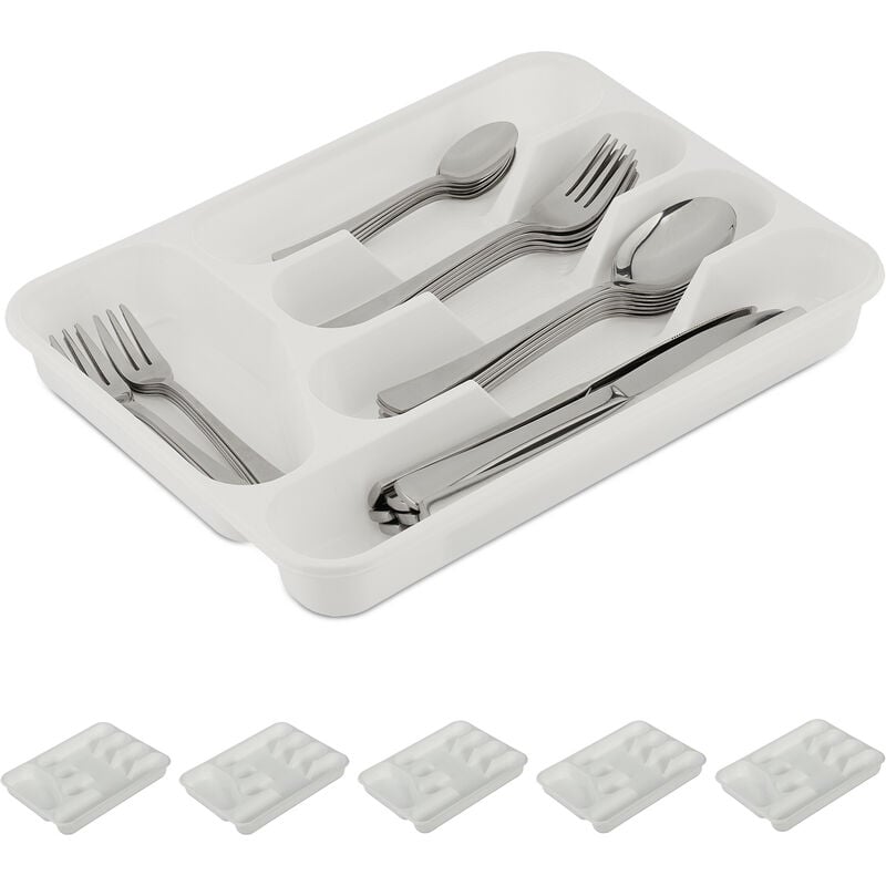 foto del prodotto 6x portaposate da cassetto, organizer posate cucina, hlp 4x24,5x32,5 cm, 5 scomparti, plastica, bianco