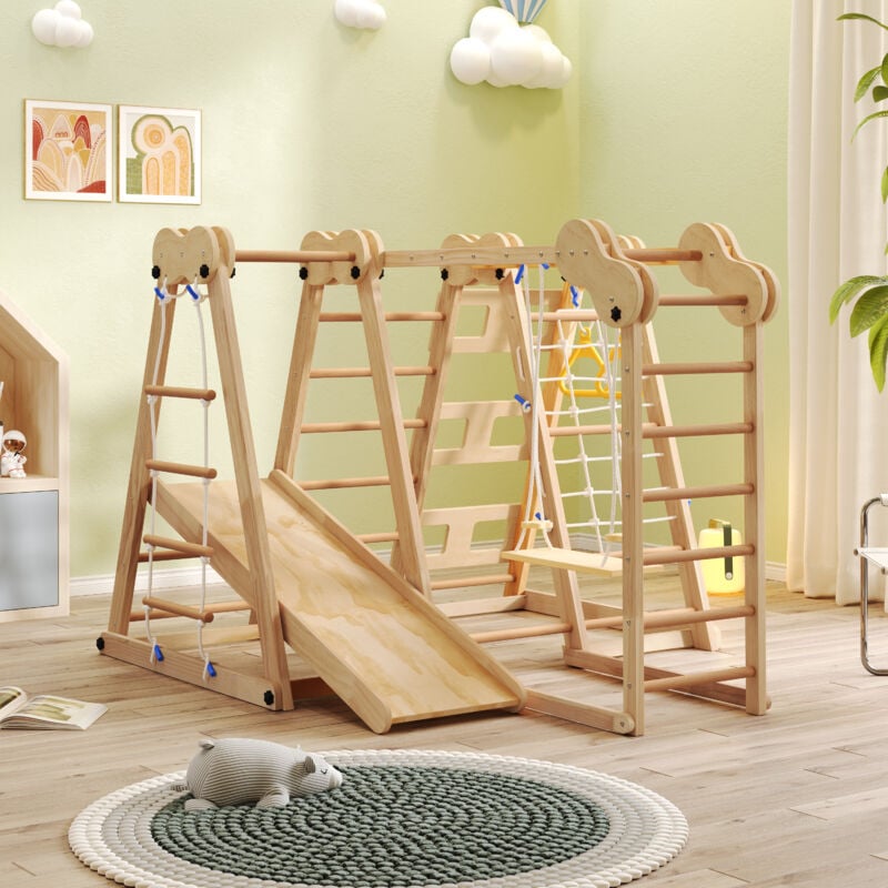 foto del prodotto 7 in 1 scivolo multifunzione con altalena, barra di arrampicata, corda, scale di rete e altro, legno, naturale