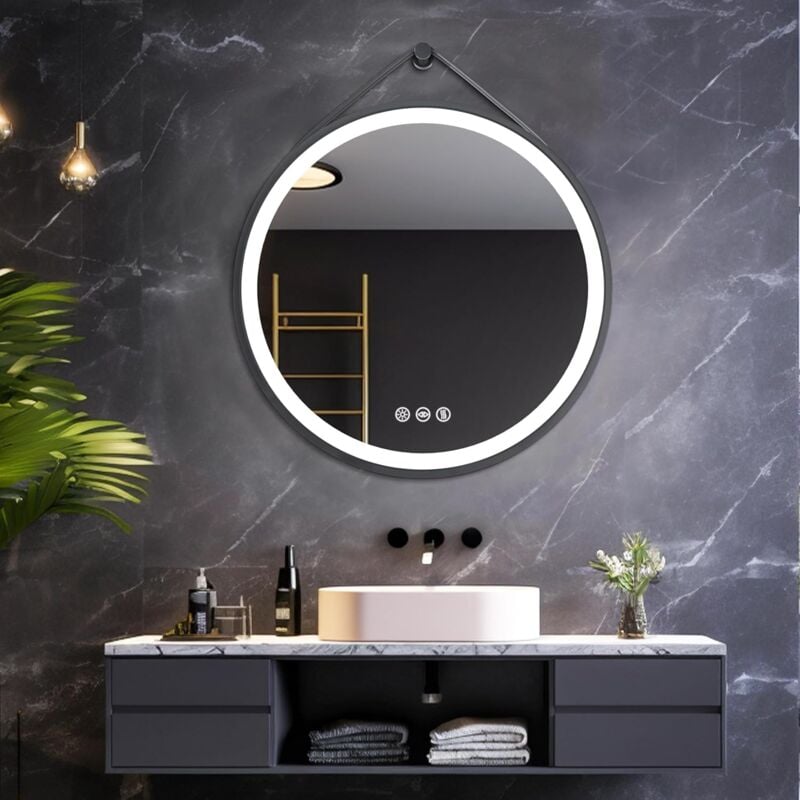 foto del prodotto 70cm specchio bagno led luce rotondo con cornice alluminio nero, cinghia, dimmerabile luce, antiappannamento, interruttore touch, memoria