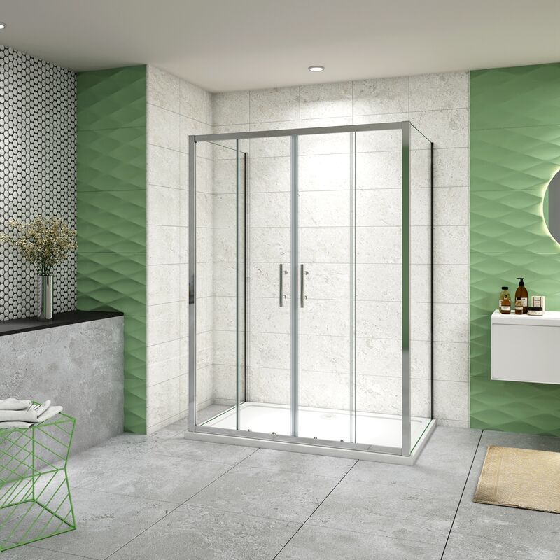 foto del prodotto 70x140x70 cm box doccia a tre lati alto 185 cm porta scorrevole 2 ante mobili 2 pareti laterali vetro temperato trasparente da 5 mm cromo lucido