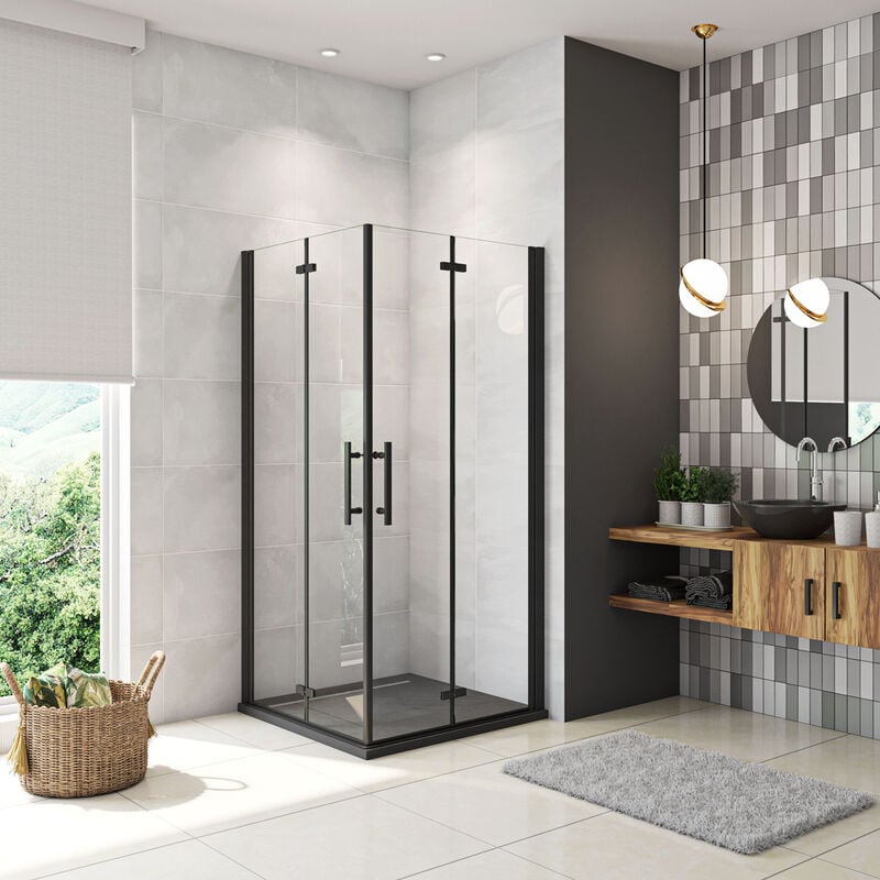 foto del prodotto 70x70x190 cm box doccia angolare porte battente e pieghevoli vetro 5mm temperato trasparente anticalcare profilo nero opaco piatto doccia incluso