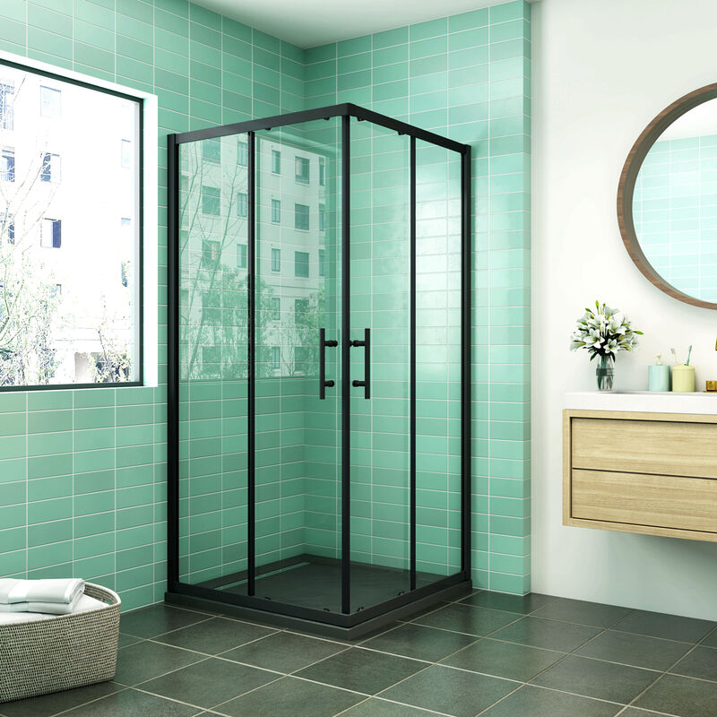 foto del prodotto 70x70x190 cm box doccia angolare porte scorrevoli vetro 6mm temperato trasparente anticalcare profilo nero opaco piatto doccia incluso