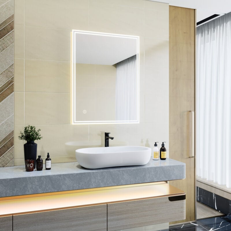 foto del prodotto 70x90cm specchio da bagno a led da muro specchio parete con interruttore touch specchio da parete moderno rettangolo impermeabile ip44 sirhona