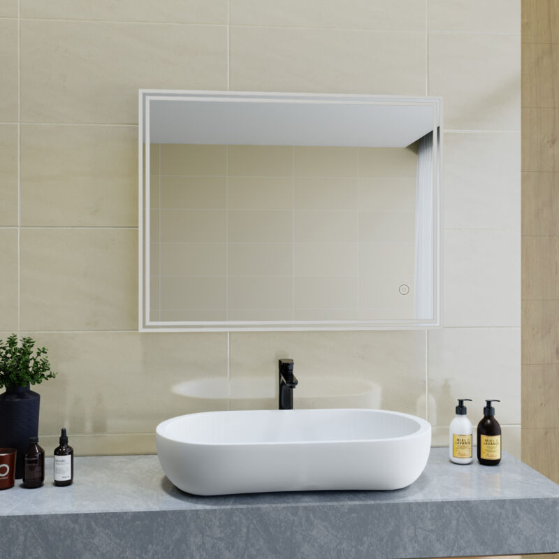 foto del prodotto 70x90cm specchio da bagno a led da muro specchio parete con interruttore touch specchio da parete moderno rettangolo impermeabile ip44 sirhona