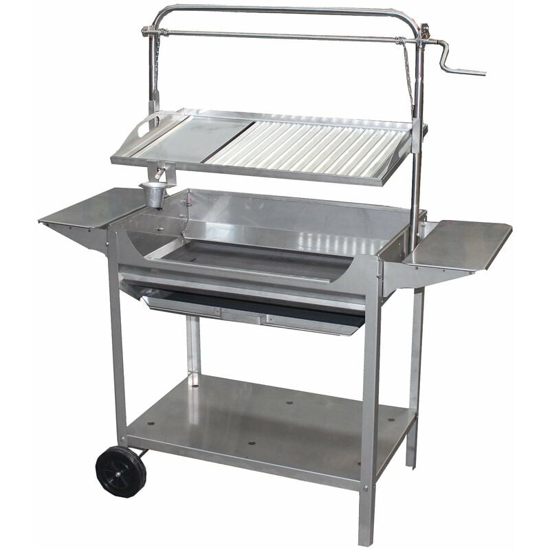 foto del prodotto 71766 barbecue in acciaio inox con griglia, sollevatore, ruote e vassoi, grigio, 124 x 50 x 140 cm imex el zorro