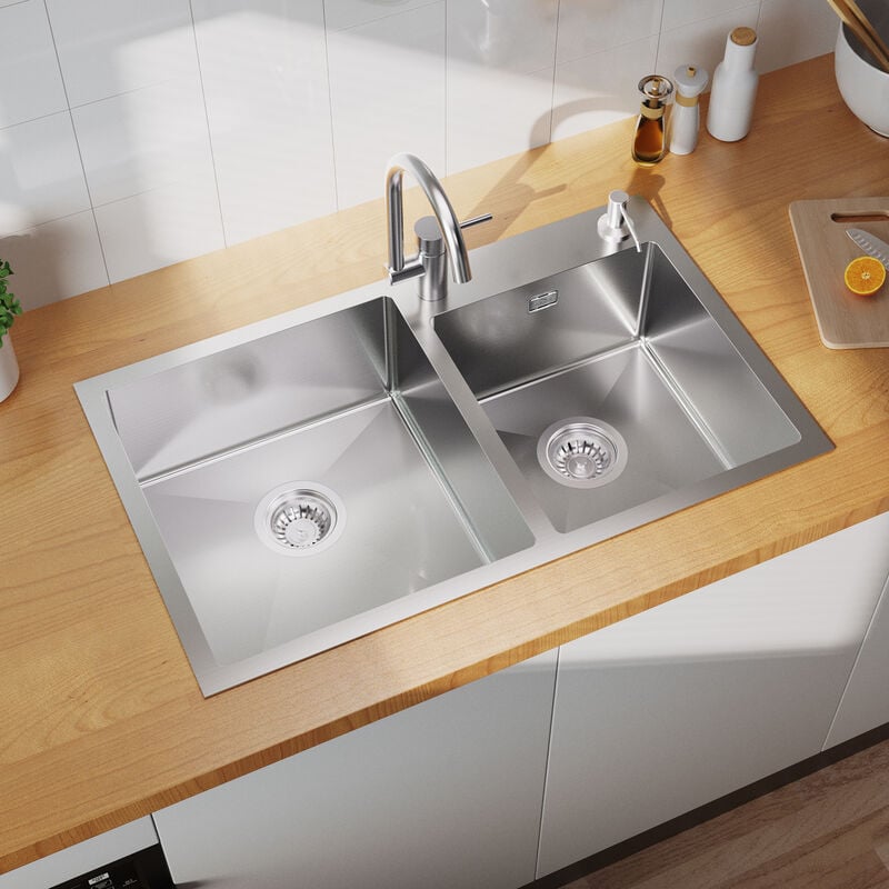 foto del prodotto 75x45cm lavello incasso 2 vasche acciaio inox lavello da cucina lavandino cucina con dispenser per sapone 300 ml, troppopieno e sifone