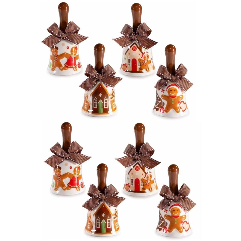 foto del prodotto 8 campanelle natalizie in ceramica con omini pan di zenzero idea regalo