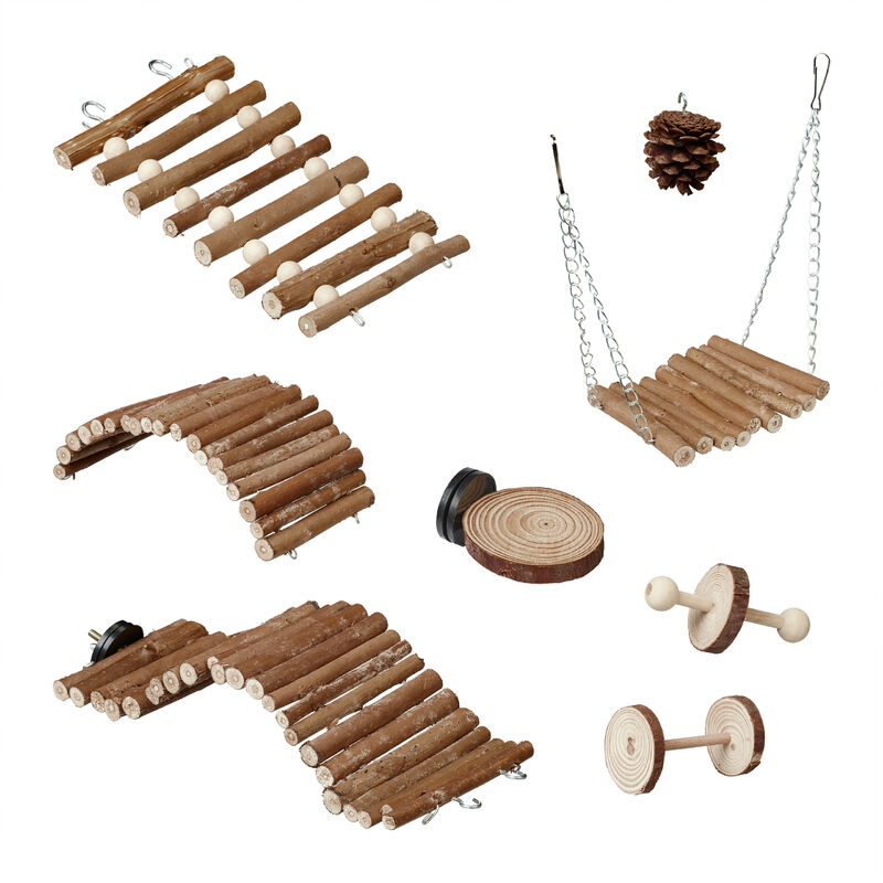 foto del prodotto 8 giochi per pappagalli, accessori per gabbietta, canarini e calopsite, altalena, trespolo e ponti, marrone relaxdays