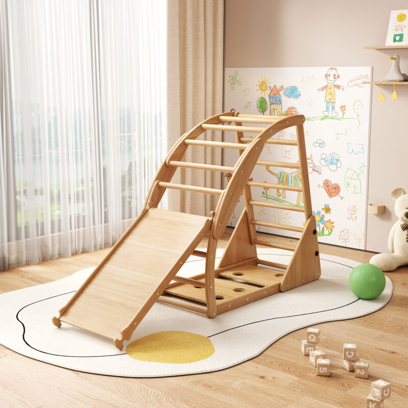 foto del prodotto 8 in 1 scivolo multifunzione con arrampicata, scala di corde, altalena tenda, giocattolo combinato per, legno, naturale