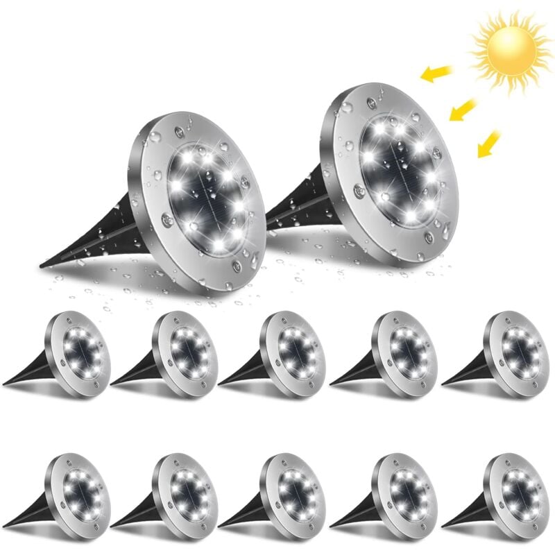 foto del prodotto 8 led luci solari per esterni, 12 pezzi luce da terra per giardino 6000k impermeabile ip65 faretto solare da incasso per percorso patio cortile