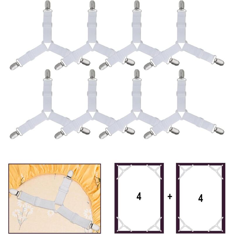 foto del prodotto 8 pezzi ferma lenzuolo, cinghie di supporto triangolari elastiche regolabili per lenzuolo con angoli e lenzuolo piano, lenzuola, materassi, cuscini