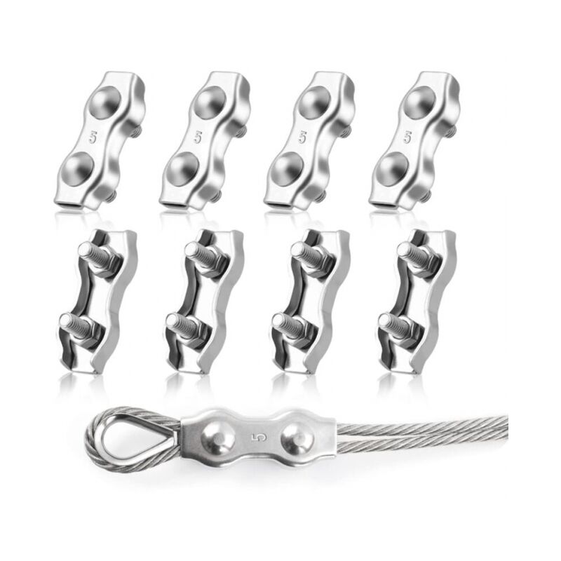 foto del prodotto 8 pezzi m5 morsetti per funi metalliche duplex, morsetti per funi metalliche duplex in acciaio inossidabile 304, clip per cavi da 5 mm per