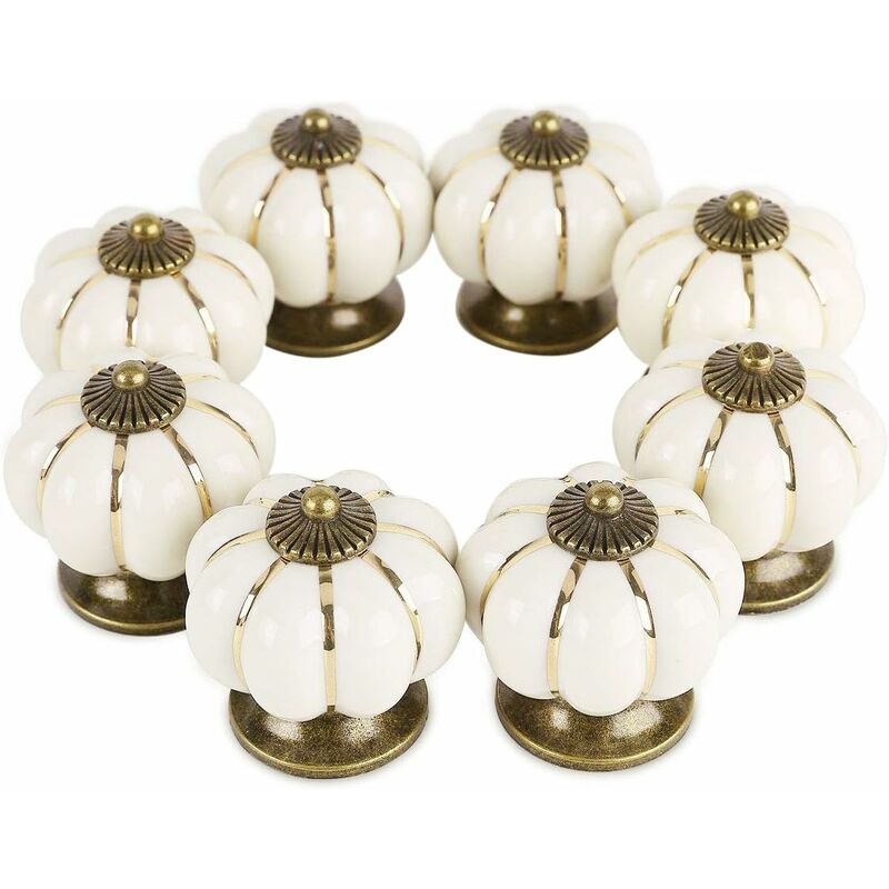 foto del prodotto 8 pezzi pomelli per cassetti mobili vintage, pomelli in ceramica di zucca 39 mm per armadi cassettiere guardaroba bianco